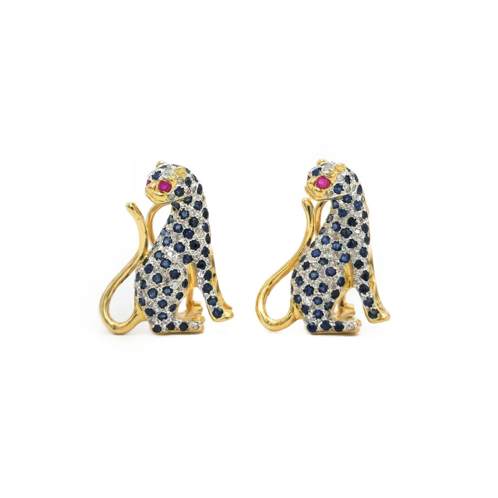 Panther Ohrringe mit Diamant, Saphir und Rubin