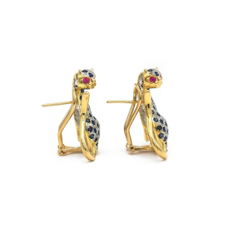 Panther Ohrringe mit Diamant, Saphir und Rubin 3 Panther Ohrringe mit Diamant, Saphir und Rubin
