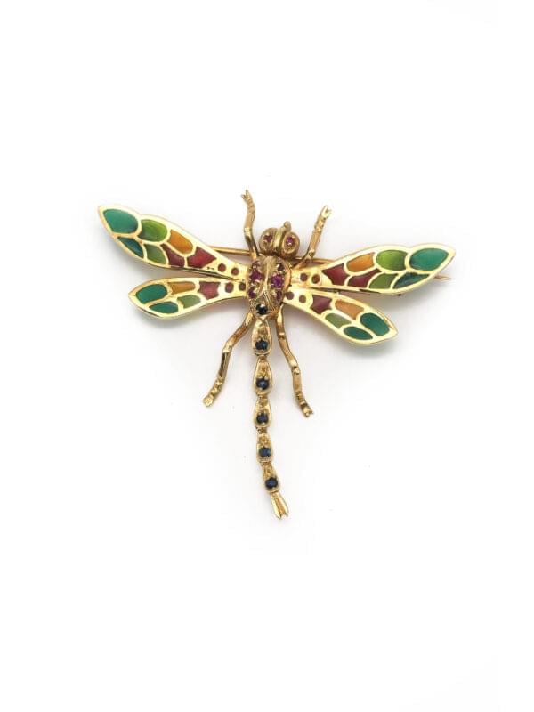 Libellen Brosche mit Emaillie 585er Gold