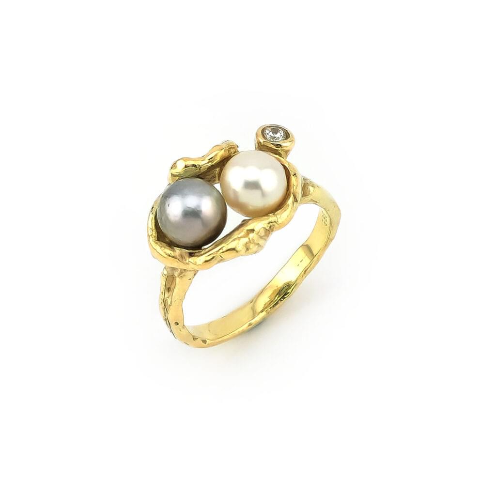 Designer Perlenring 585er Gelbgold mit Diamant