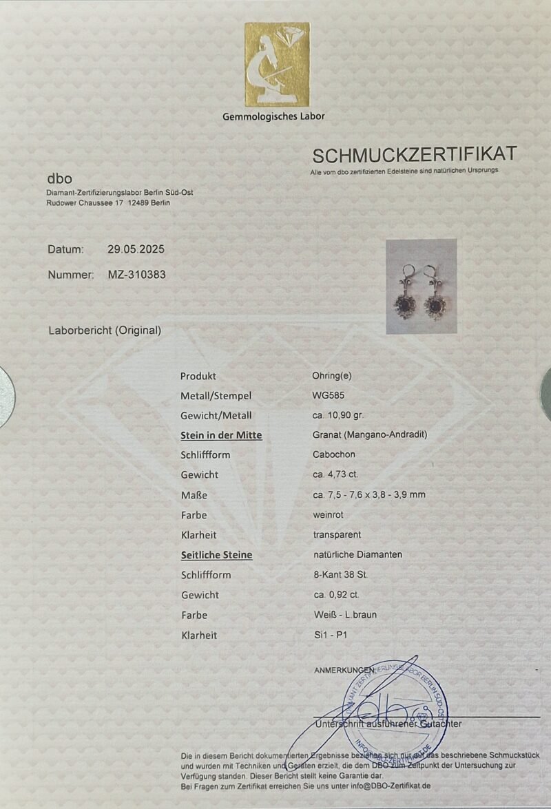 Granat Ohrringe mit Diamant 585er Weissgold Zert. 5 Granat Ohrringe mit Diamant 585er Weissgold Zert.