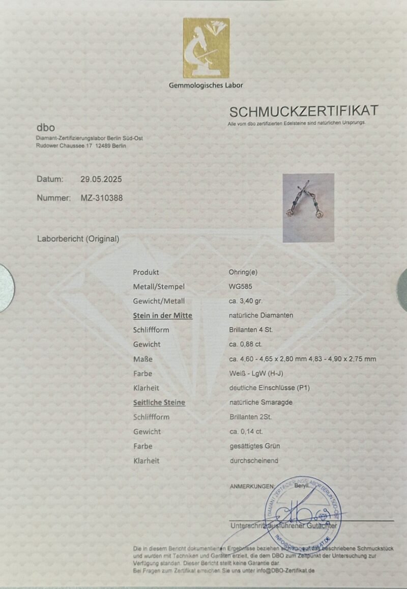 Smaragd Ohrringe mit Diamant 585er Weissgold Zert.