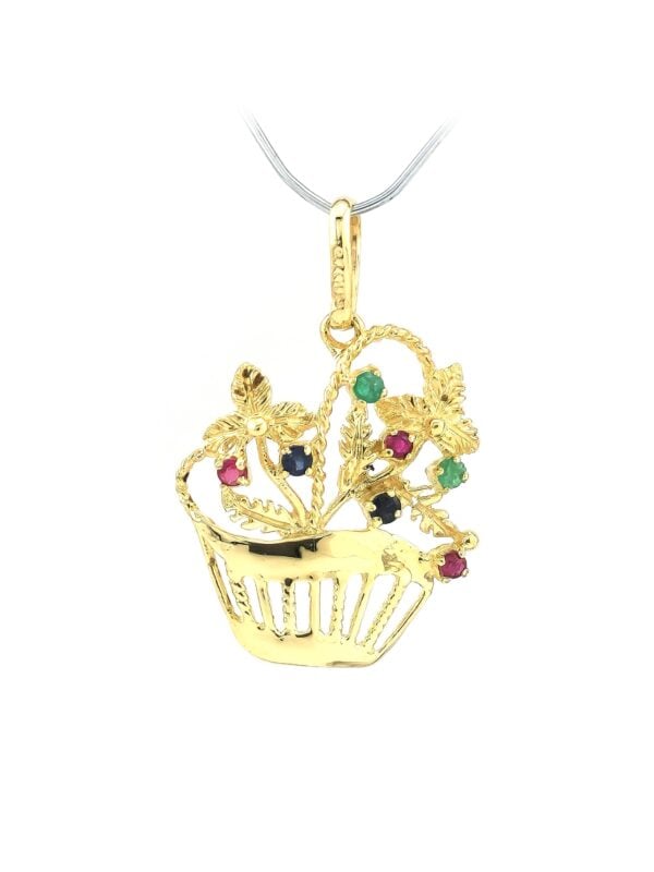Blumenkorb Anhänger mit Edelsteinen 585er Gold