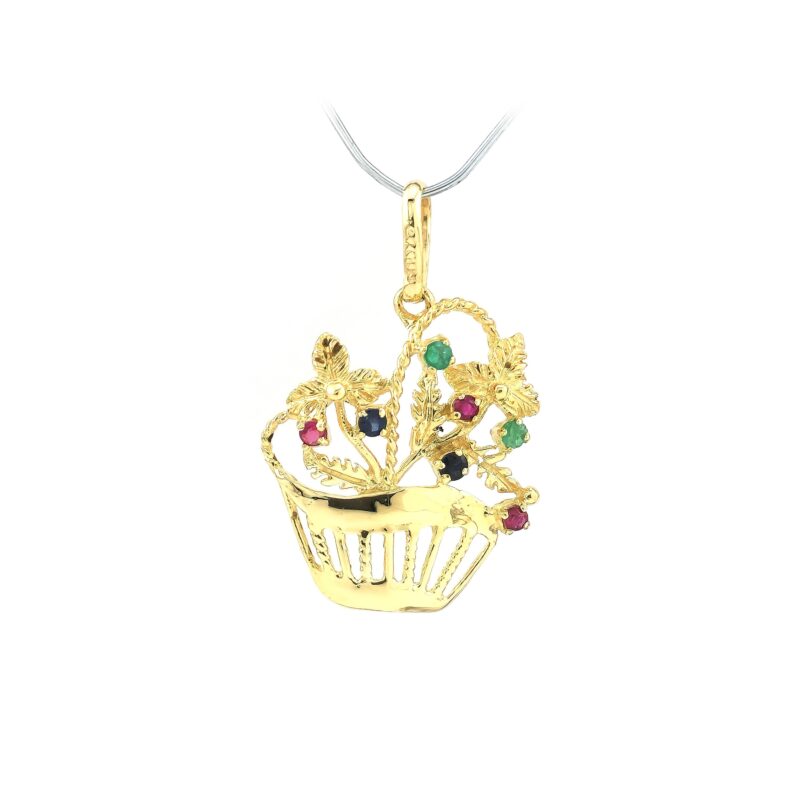 Blumenkorb Anhänger mit Edelsteinen 585er Gold