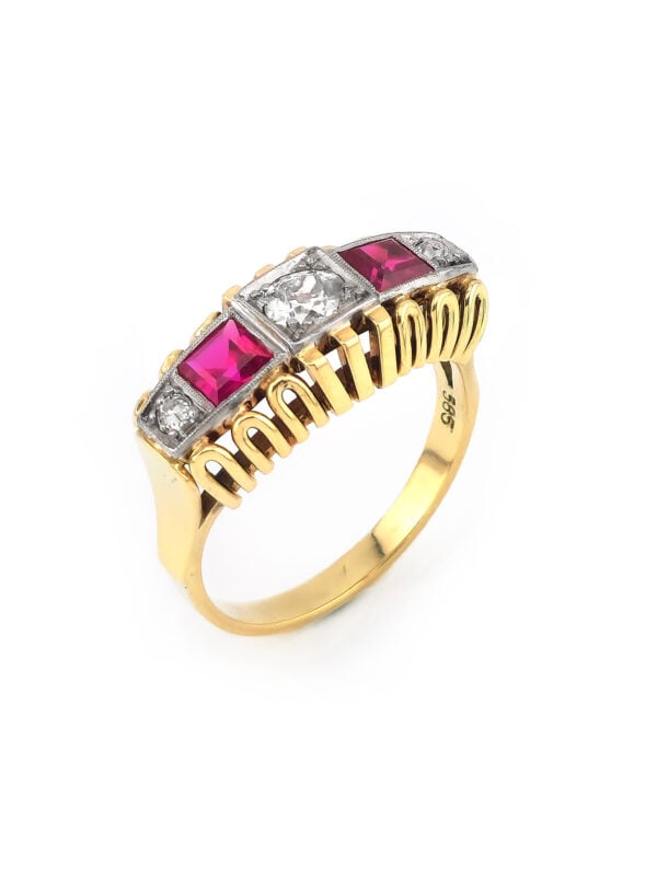 Art Deco Diamantring mit Rubin aus Gold und Platin