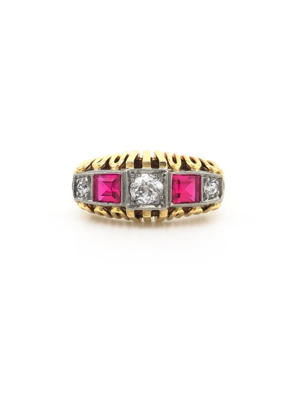 Art Deco Diamantring mit Rubin aus Gold und Platin (5)