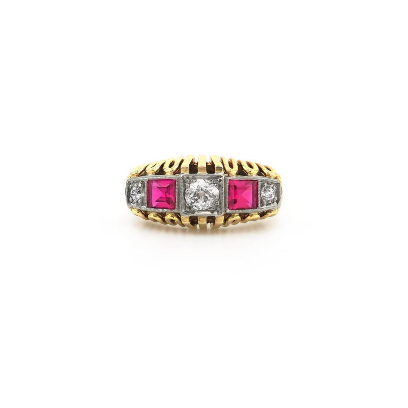 Art Deco Diamantring mit Rubin aus Gold und Platin