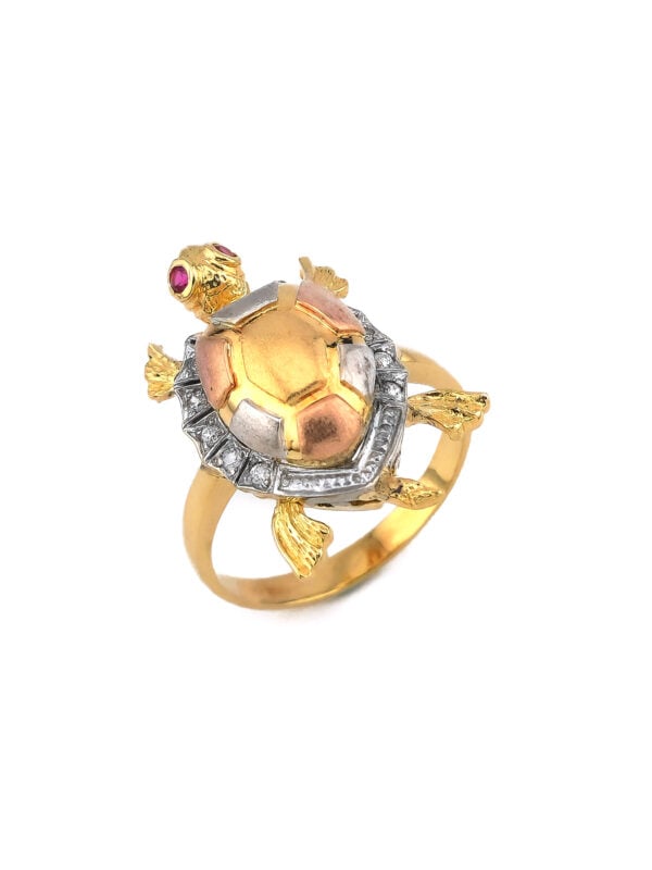 Schildkröten Ring aus Gold mit Diamant und Rubin