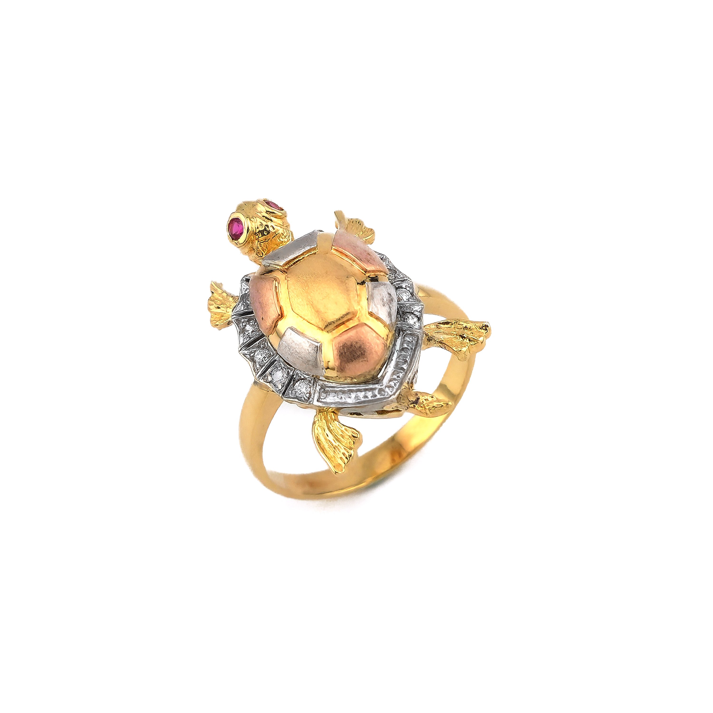 Schildkröten Ring aus Gold mit Diamant und Rubin