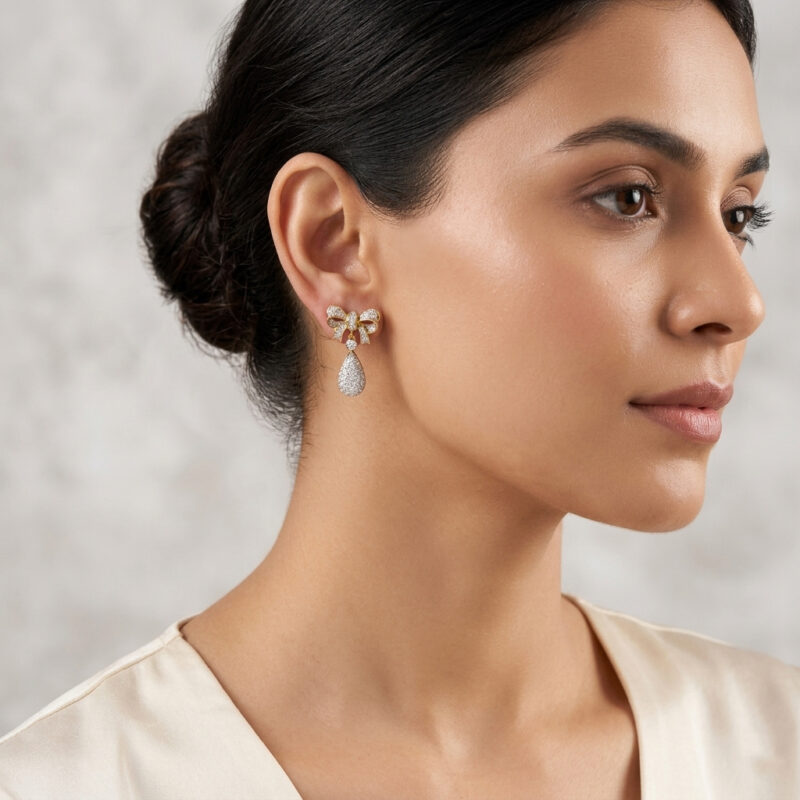 Schleifen Diamant Ohrringe mit Tropfen 585er Gold