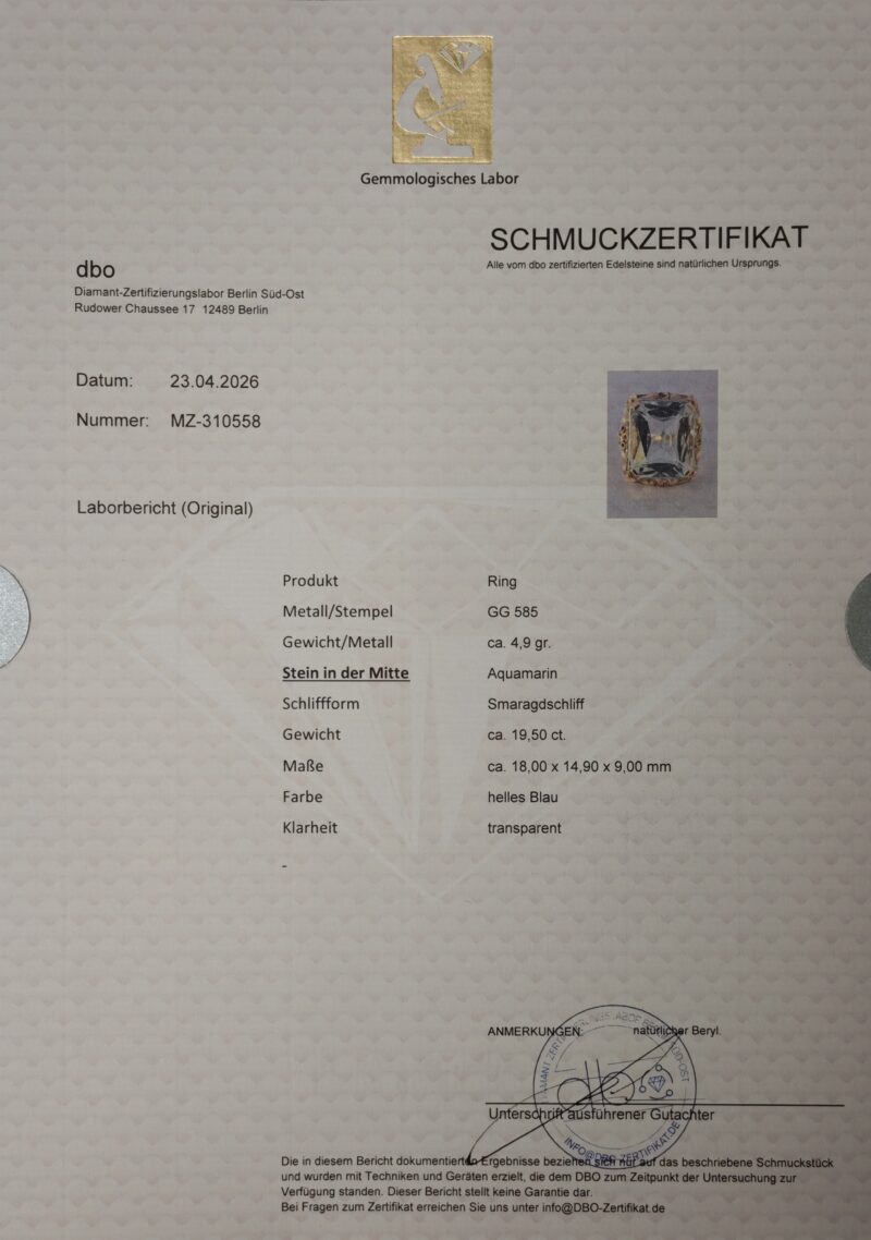Traumhafter 19,5 ct. Aquamarin Gold Ring Zert.