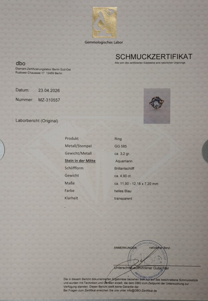 Exklusiver 4,9 ct. Aquamarin Gold Ring Zert.