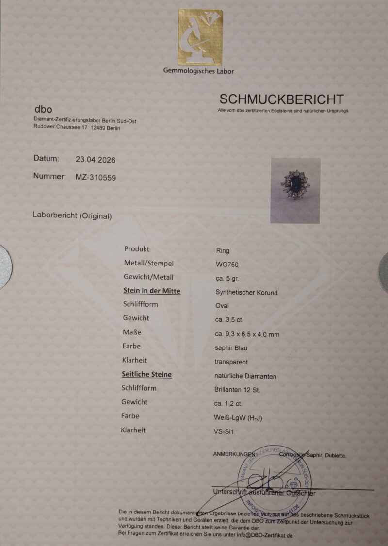 Composite Saphir Ring mit Dia. 750er Gold Zert.