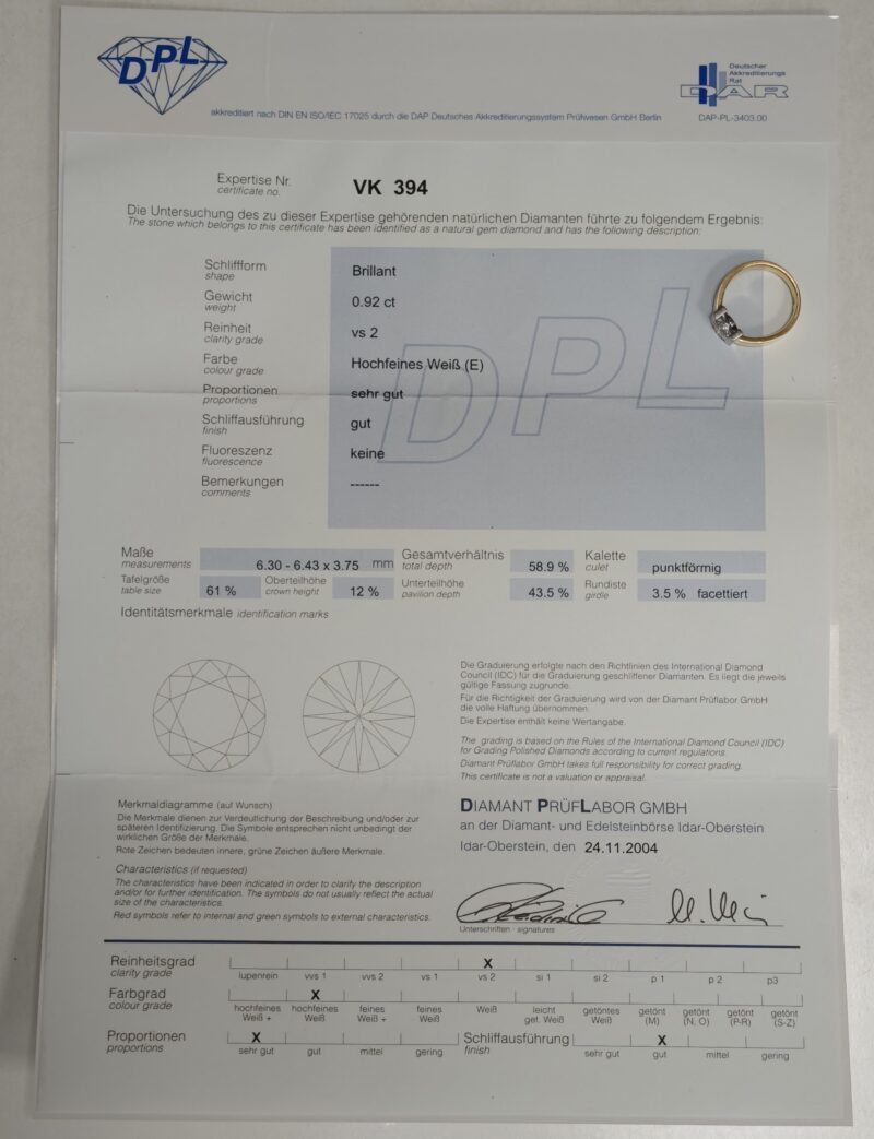 Solitärring mit 0,92 ct DPL Zert. Dia. 750er Gold