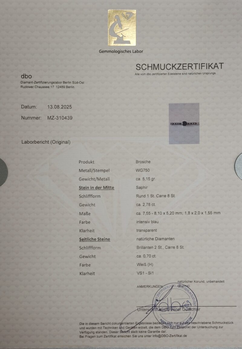 Brosche mit seltenem Burma Saphir Zert. 750er