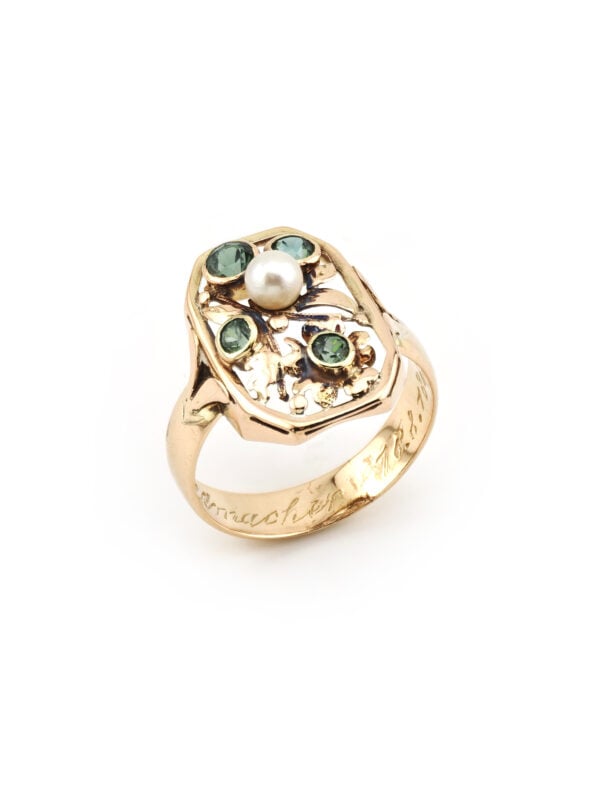Jugendstil Ring mit Turmalin und Perle 585er Gold
