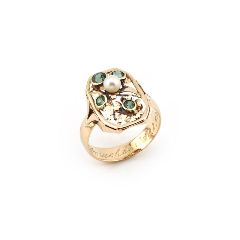 Jugendstil Ring mit Turmalin und Perle 585er Gold