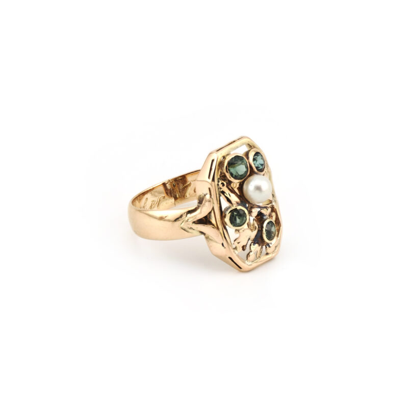 Jugendstil Ring mit Turmalin und Perle 585er Gold