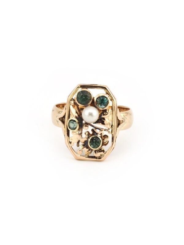 Jugendstil Ring mit Turmalin und Perle 585er Gold (5)
