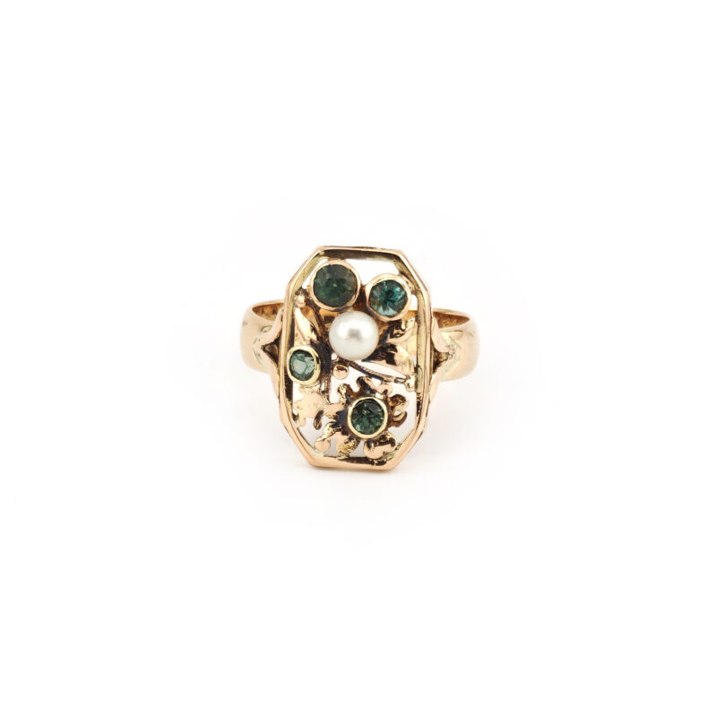 Jugendstil Ring mit Turmalin und Perle 585er Gold