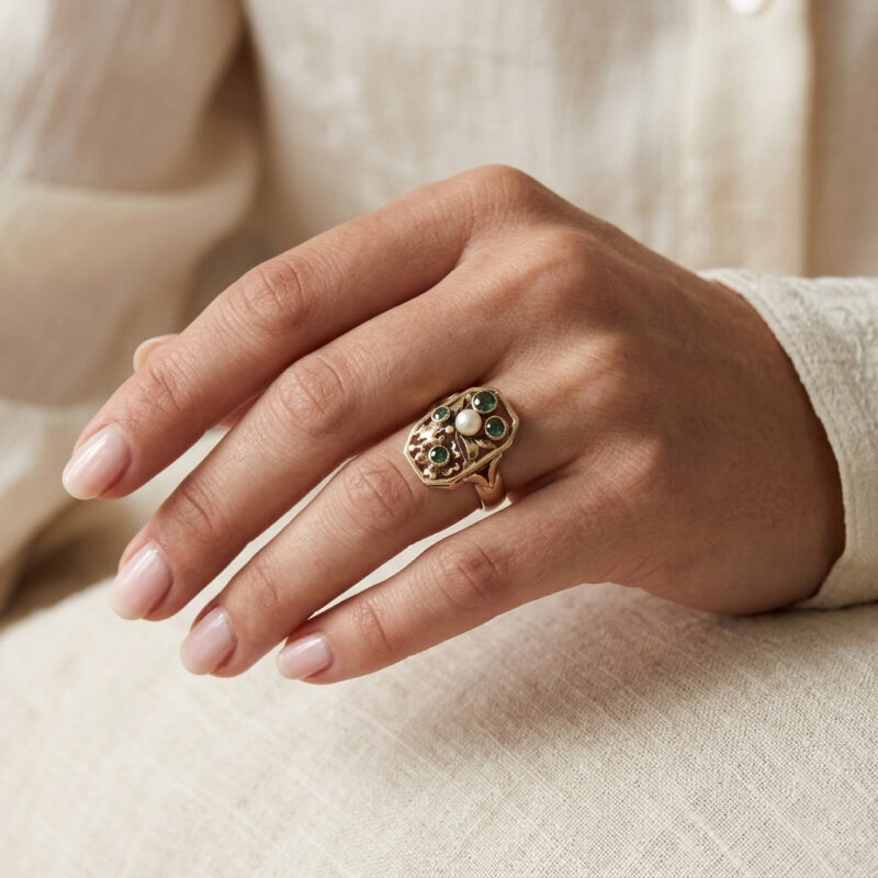 Jugendstil Ring mit Turmalin und Perle 585er Gold