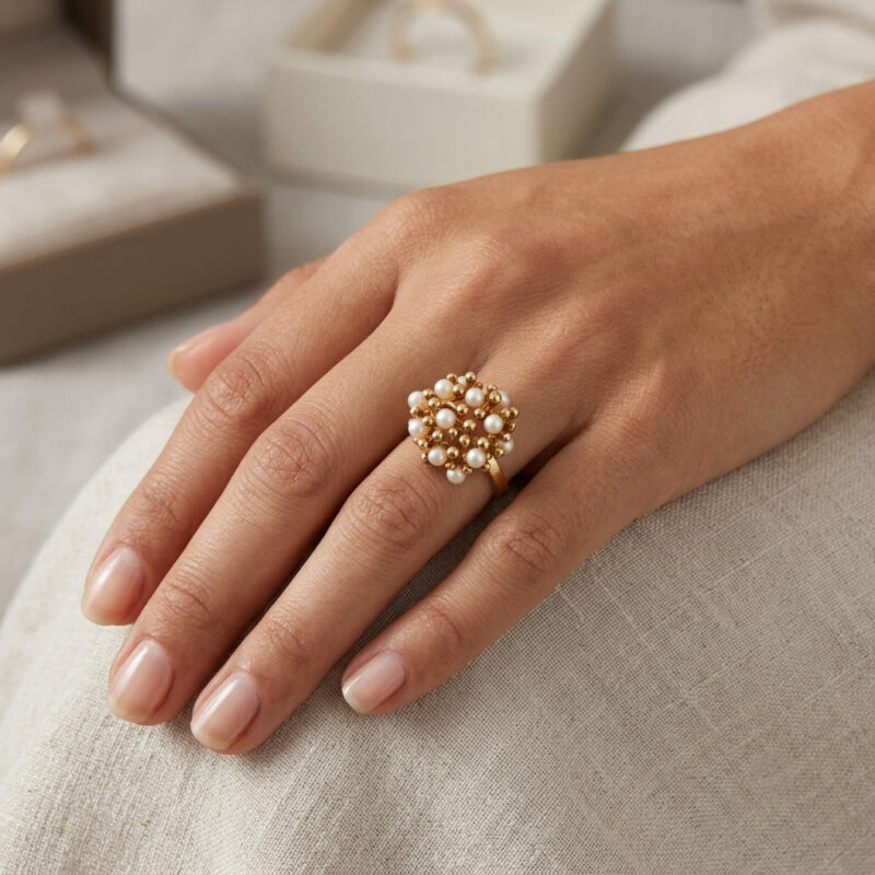 Retro Perlen Cluster Ring organisch 585er Gold 6 Retro Perlen Cluster Ring organisch 585er Gold