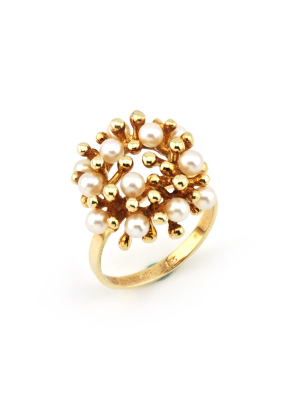 Retro Perlen Cluster Ring organisch 585er Gold