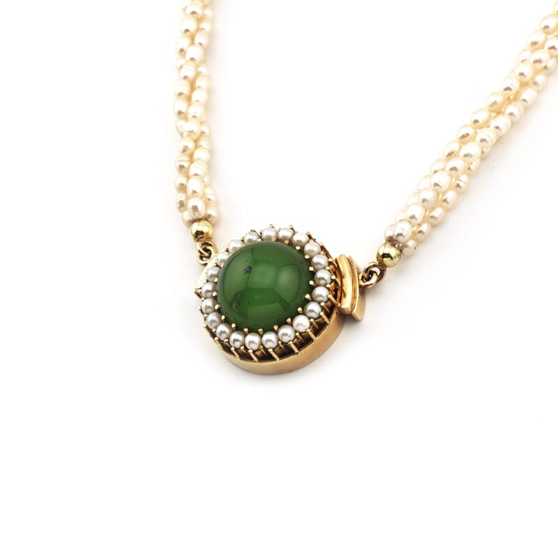 3 reihiges Perlencollier Jade Verschluss 585er Gold