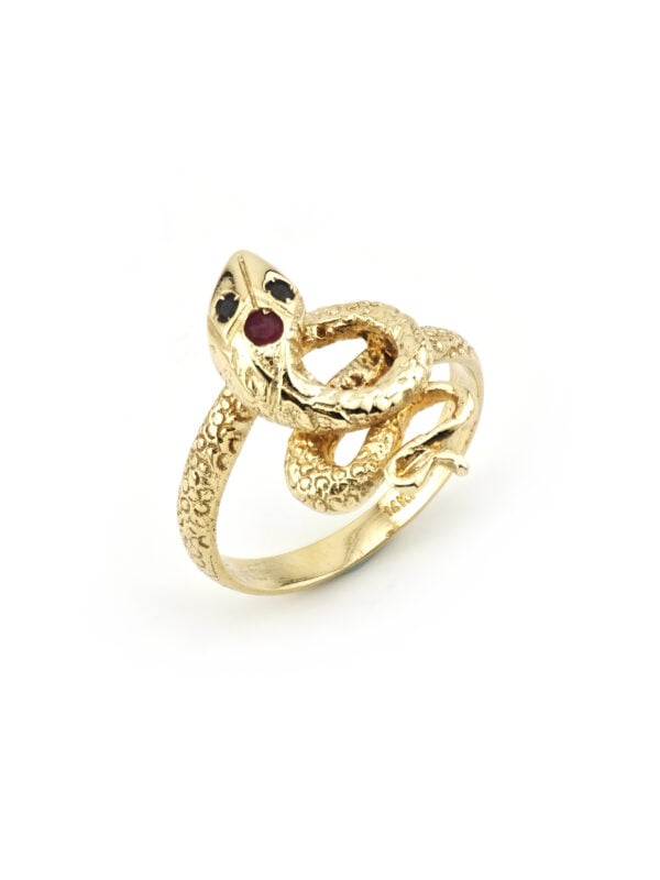 Detailreicher Schlangenring 585er Gold mit Saphir