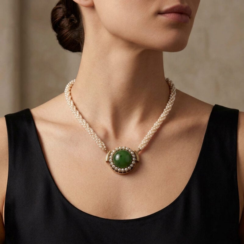 3 reihiges Perlencollier Jade Verschluss 585er Gold
