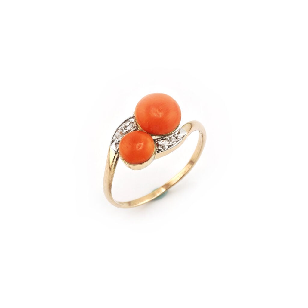 Toi et Moi Edelkoralle Ring 585er Platin um 1910