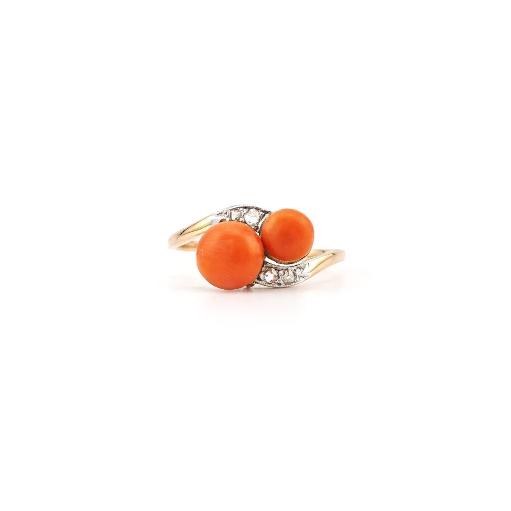 Toi et Moi Edelkoralle Ring 585er Platin um 1910 (5)