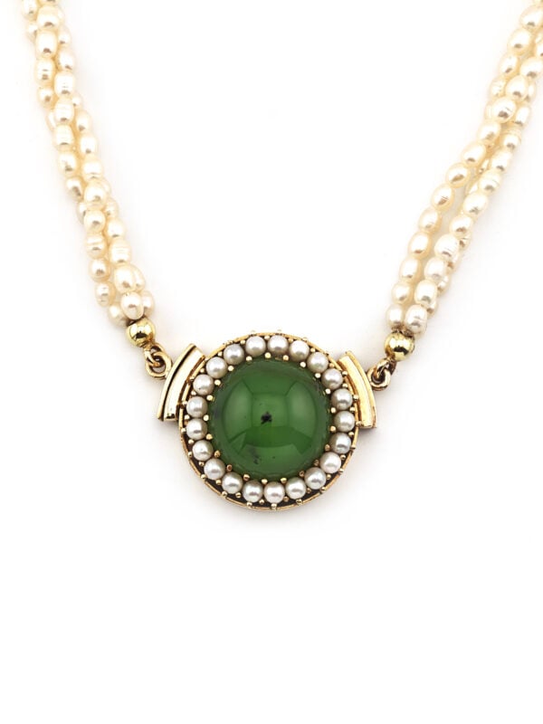 3 reihiges Perlencollier Jade Verschluss 585er Gold