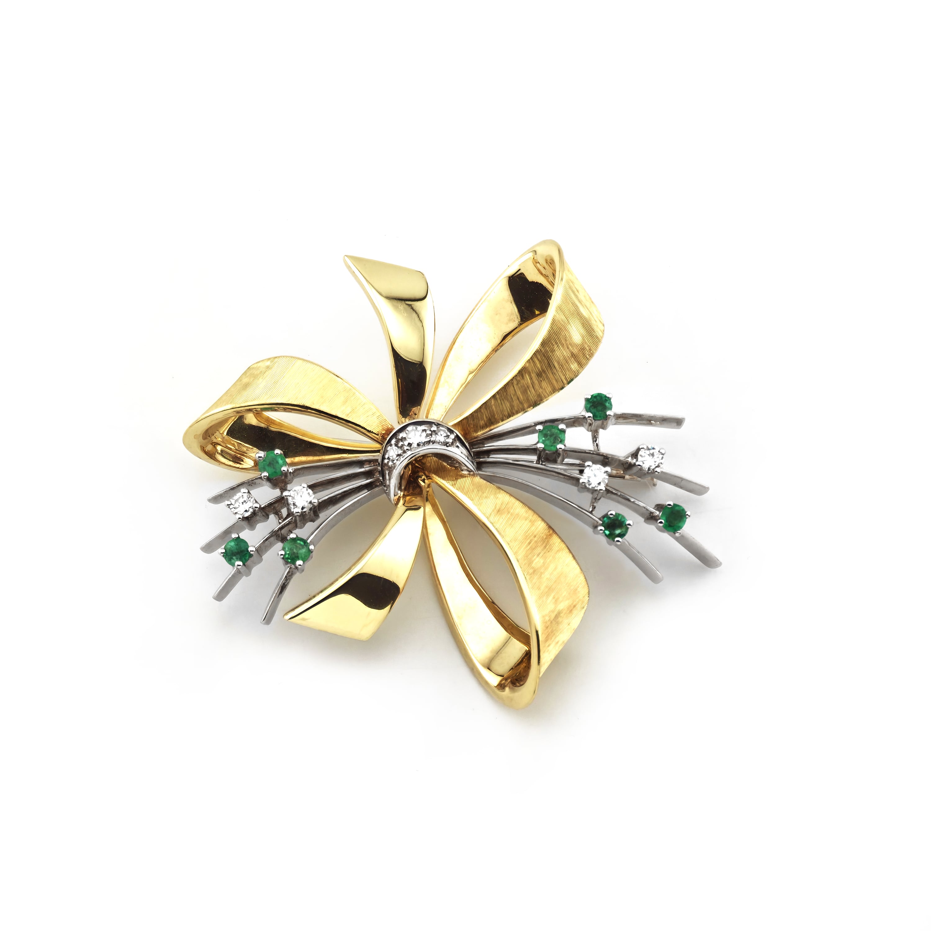 Smaragd Brosche als Schleife Bicolor 585er Gold