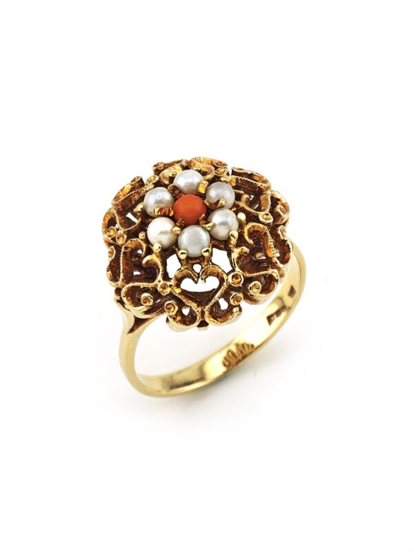 Vintage Perlenring mit Koralle 585er Gold