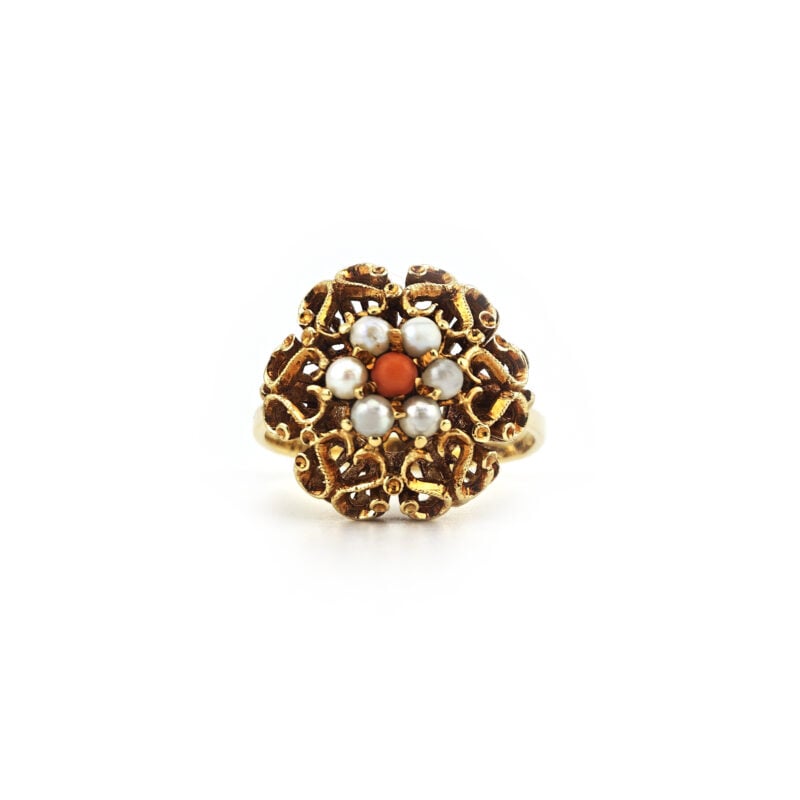 Vintage Perlenring mit Koralle 585er Gold 2 Vintage Perlenring mit Koralle 585er Gold